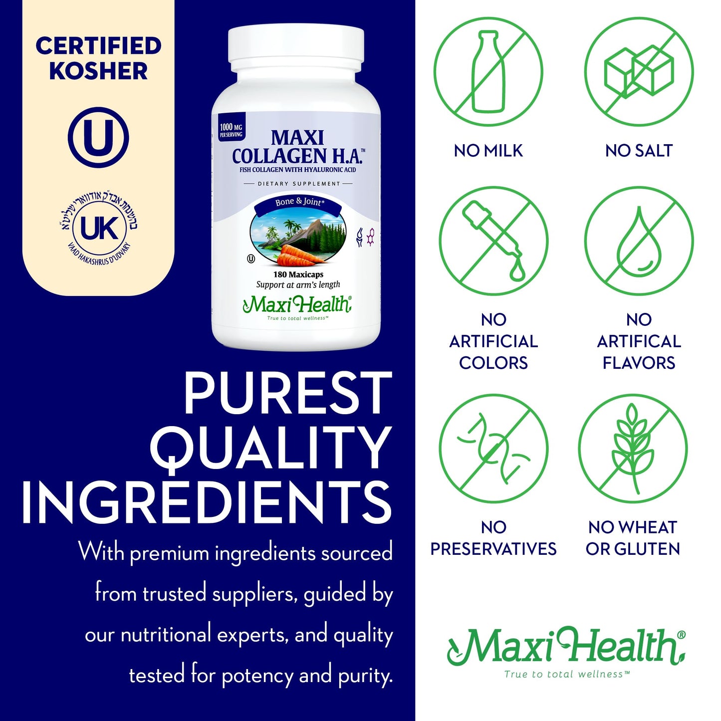 Maxi Health Marine Collagen Capsules, 1000 mg Type I Collagen with Hyaluronic Acid, Unflavored, Kosher, 180 Capsules