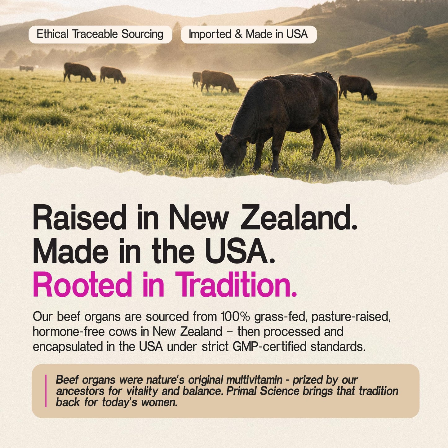 Primal Science Female Optimized Beef Organs - Grass Fed Beef Liver, Heart, Kidney, Uterus & Ovary Supplement for Women - Pasture Raised in New Zealand, Freeze Dried, No Fillers - 60 Capsules
