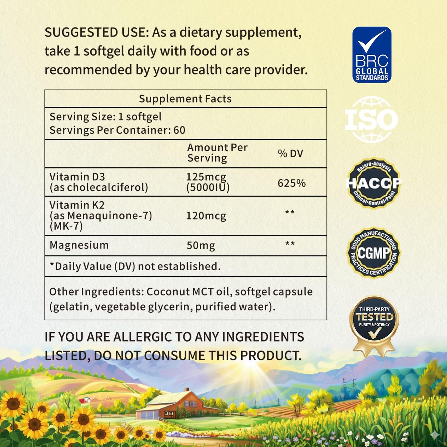 YMINGKJ Vitamin D3 K2 5000 IU Softgels, 60 Count