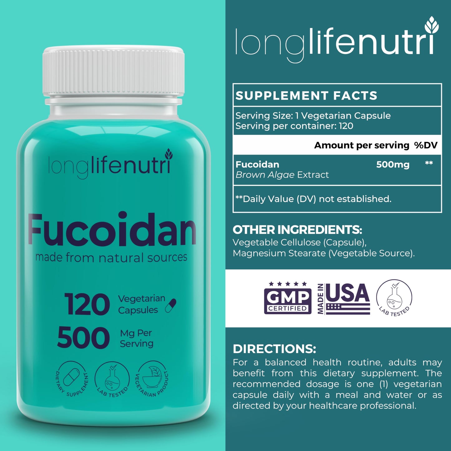 LongLifeNutri Fucoidan 500mg – Brown Seaweed Extract Supplement from a Natural Source of Fucoidan & Fucoxanthin Capsule, 120 Count