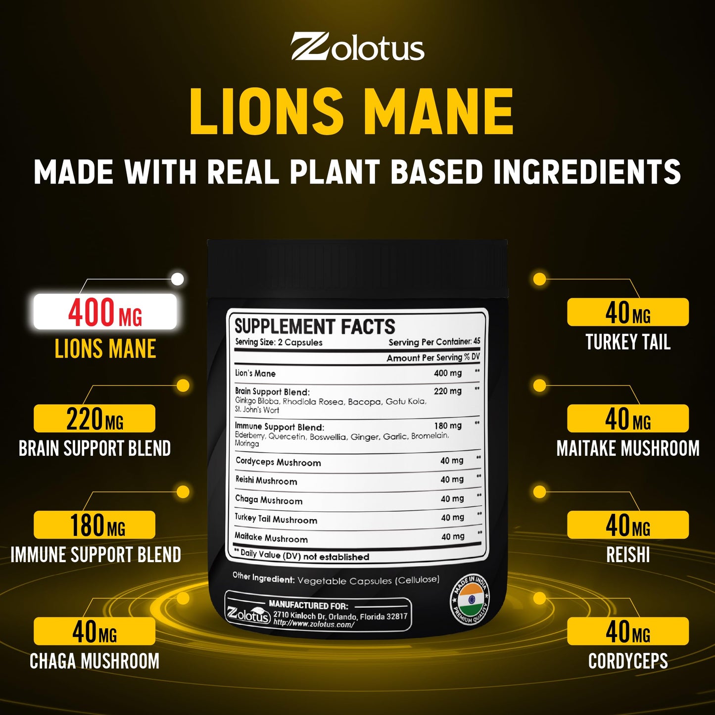 Zolotus Lions Mane Mushroom Complex Capsules with Cordeyceps, Elderberry, Ginkgo Biloba, Bacopa - 90 Capsules