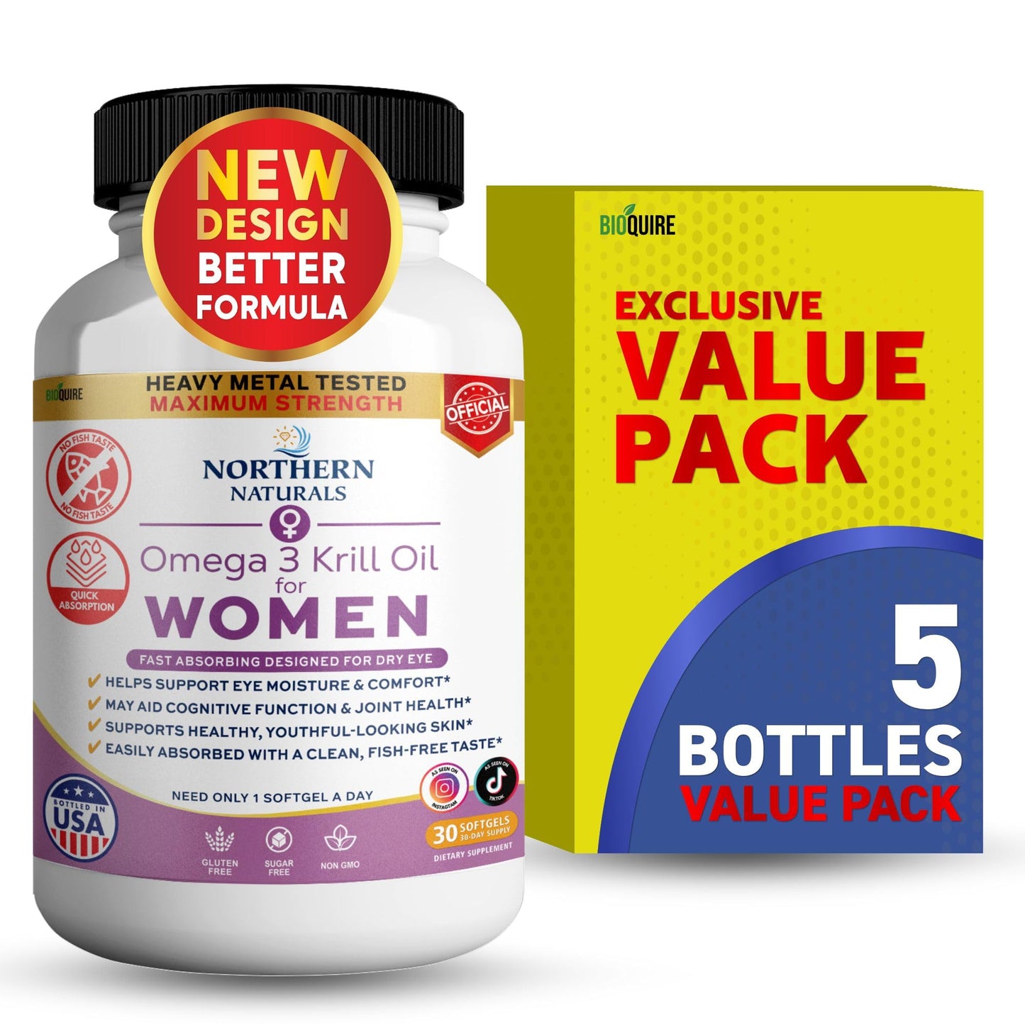 BIOQUIRE Northern Naturals Omega 3 Krill Oil for Women, 500mg, 30 Capsules