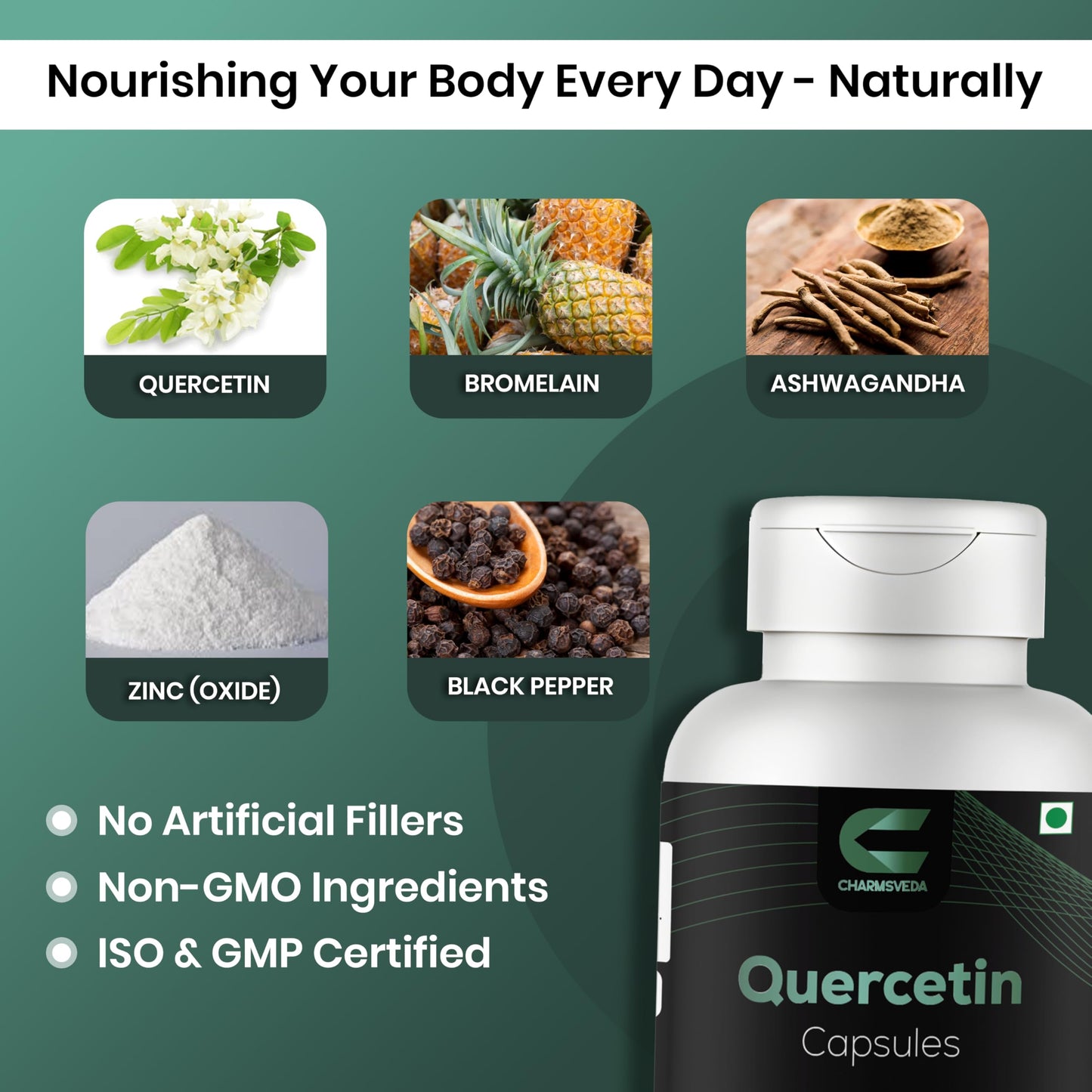 CHARMSVEDA Quercetin Capsules with Ashwagandha, Bromelain & Zinc – Herbal & Immune Support Supplements, Overall Wellness & Immune Support, 60 Capsules