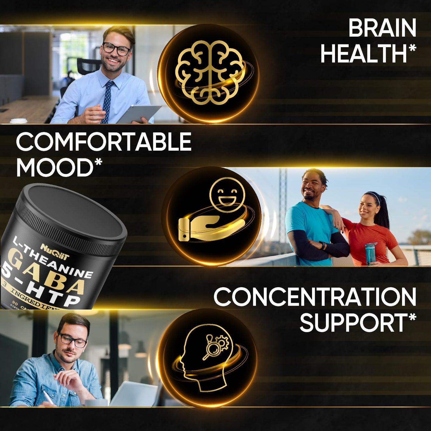 NUQIIT 3in1 GABA Supplements 750mg L-Theanine 200mg & 5-HTP (5-hydroxytryptophan) - Equivalent to 1000mg - Support Brain Health, Concentration, Comfortable Mood 90 Capsules