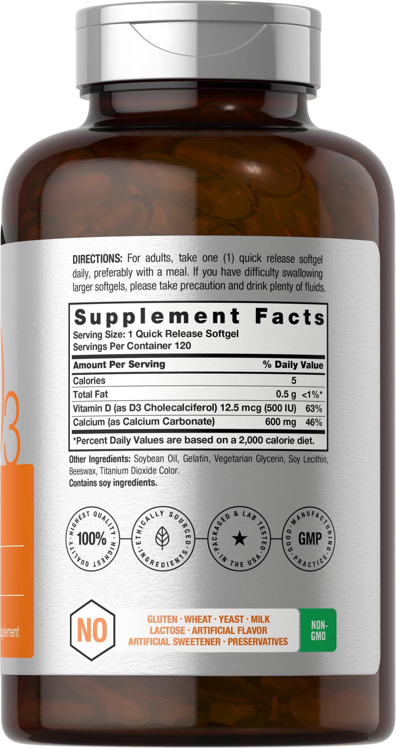Horbäach Calcium Supplement with Vitamin D3 600 mg Softgels, 120 Count