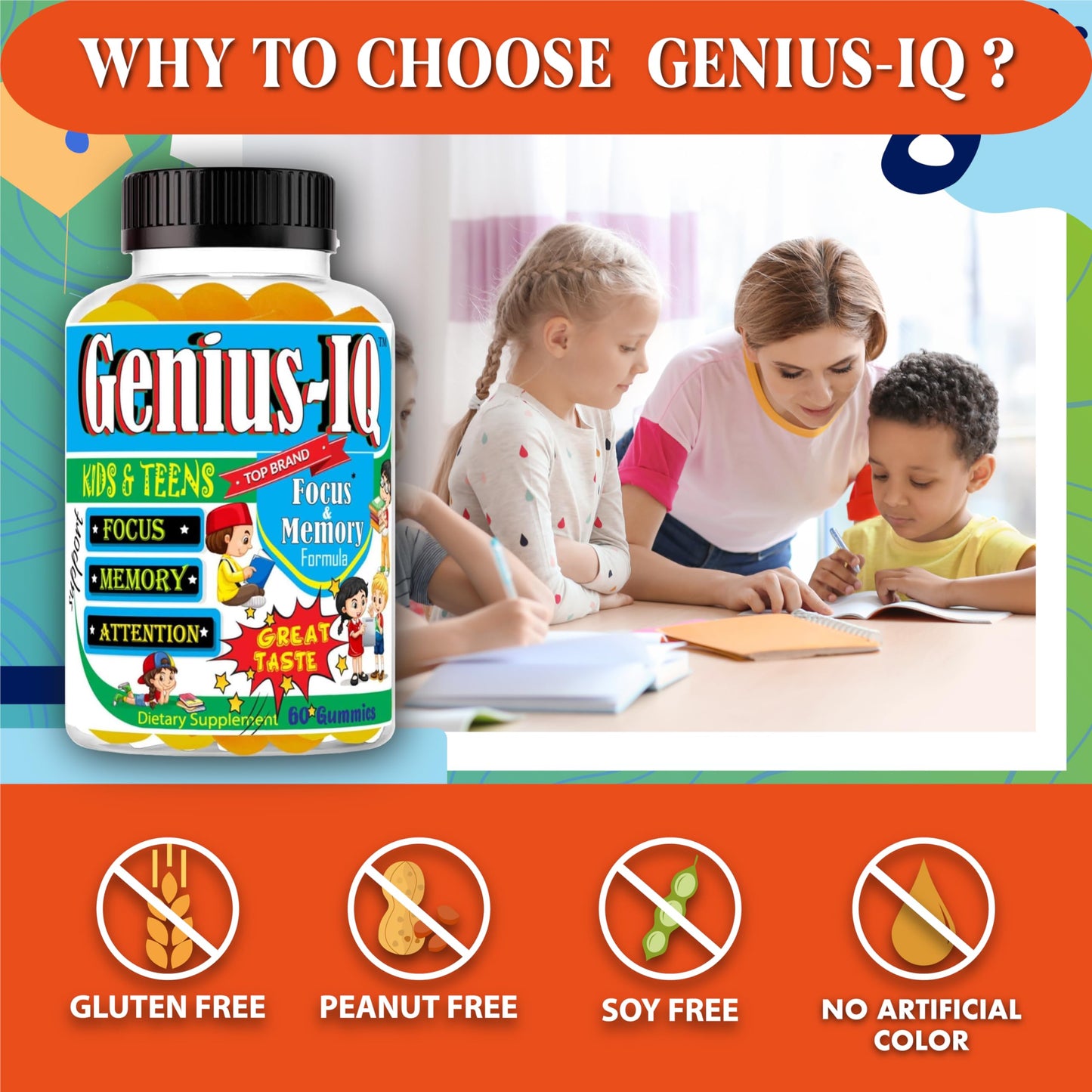 Celebrity LifeStyle Product Genius IQ Kids Brain Supplements for Memory and Focus Omega 3-6-9, EPA DHA Gummy Vitamins, 60 Gummies