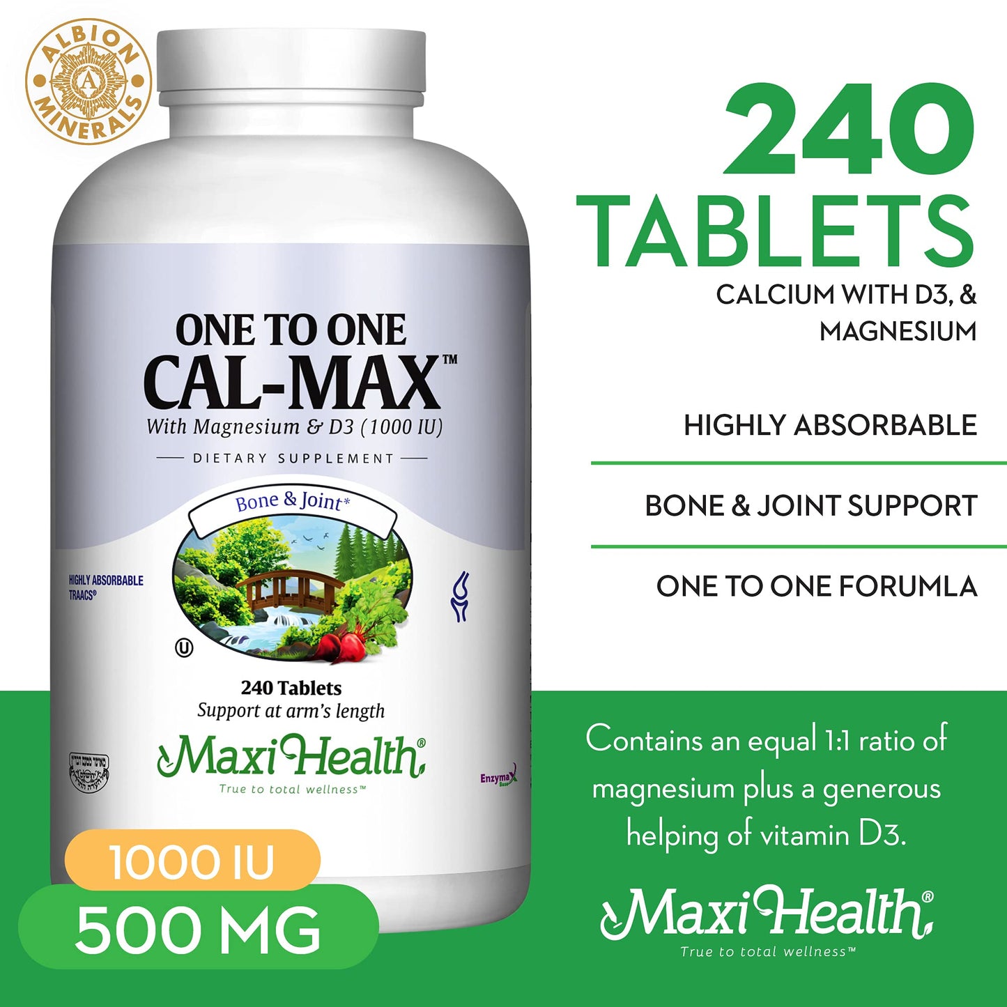 Maxi Health Calcium Supplement with Vitamin D3 and Magnesium 240 Tablets