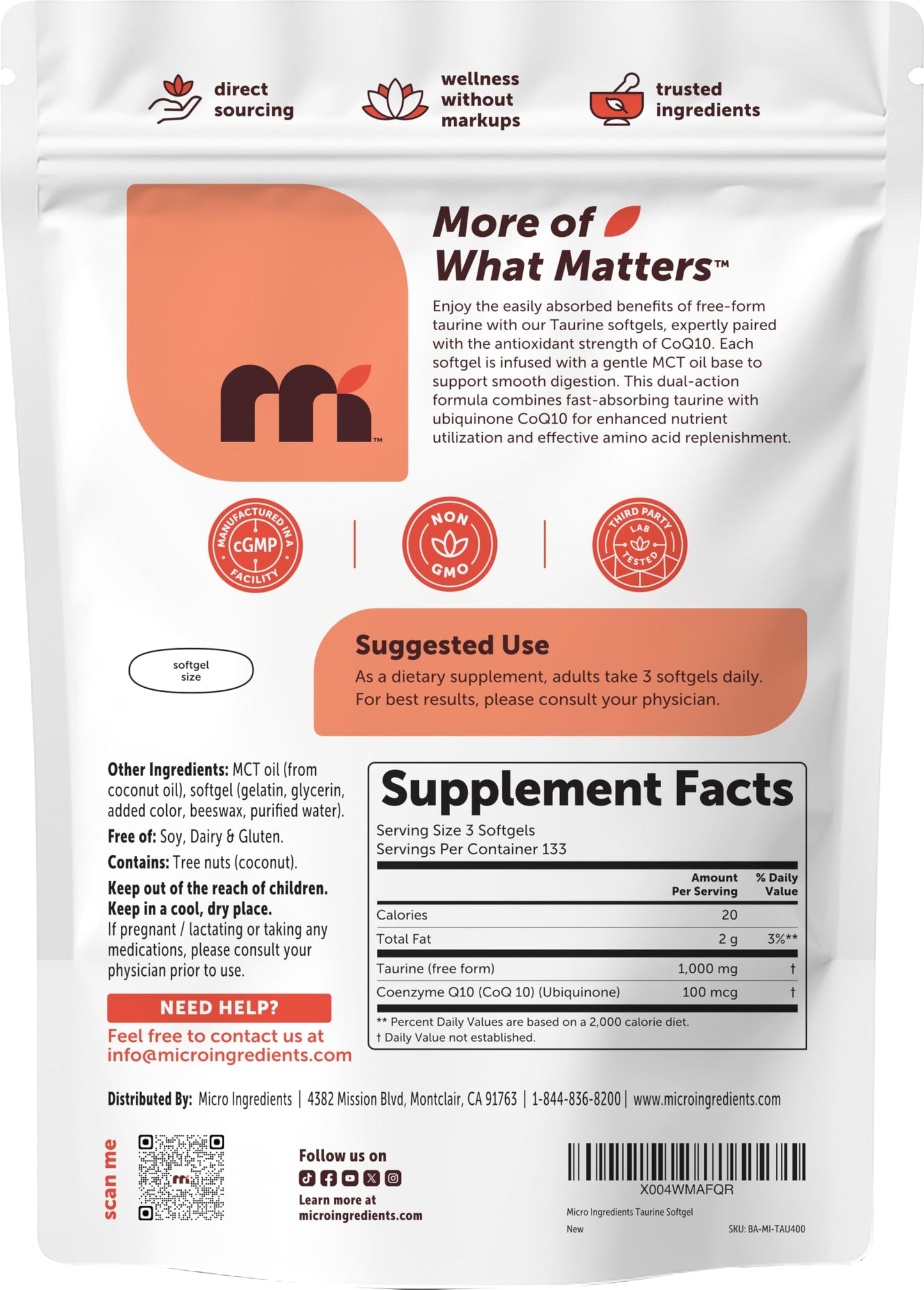 Micro Ingredients Taurine 1,000 mg Per Serving with CoQ10 Softgels 400 Count