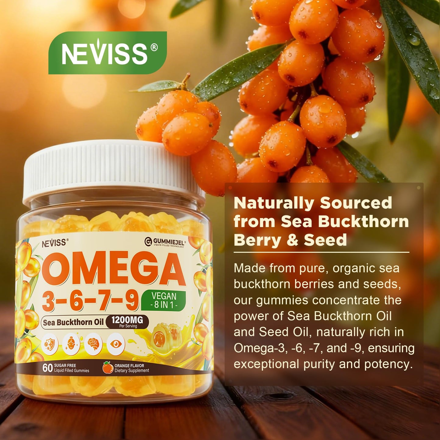 NEVISS Omega 3-6-7-9 Gummies with Sea Buckthorn Oil 1200mg & Flaxseed Oil 500mg, 60 Count