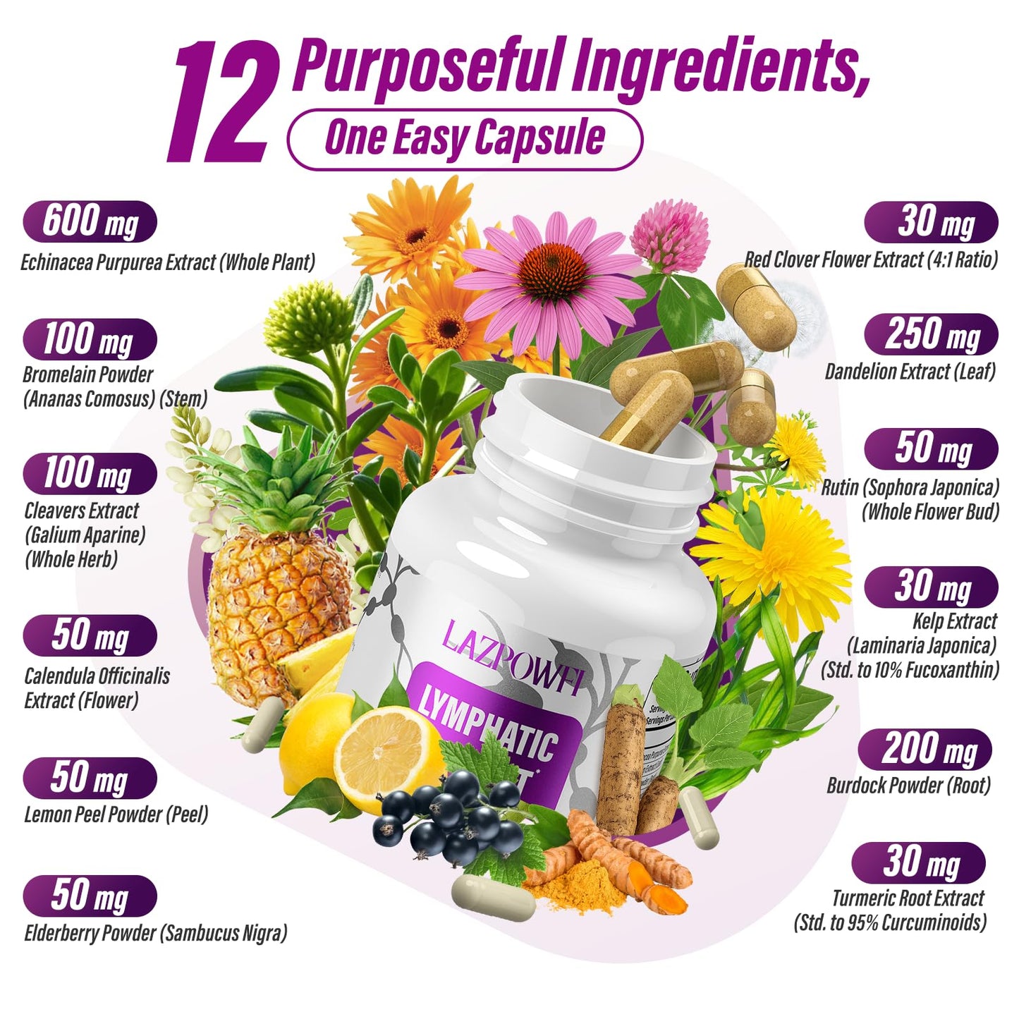 Lazpowfi Lymphatic Drainage Supplements, 180 Capsules