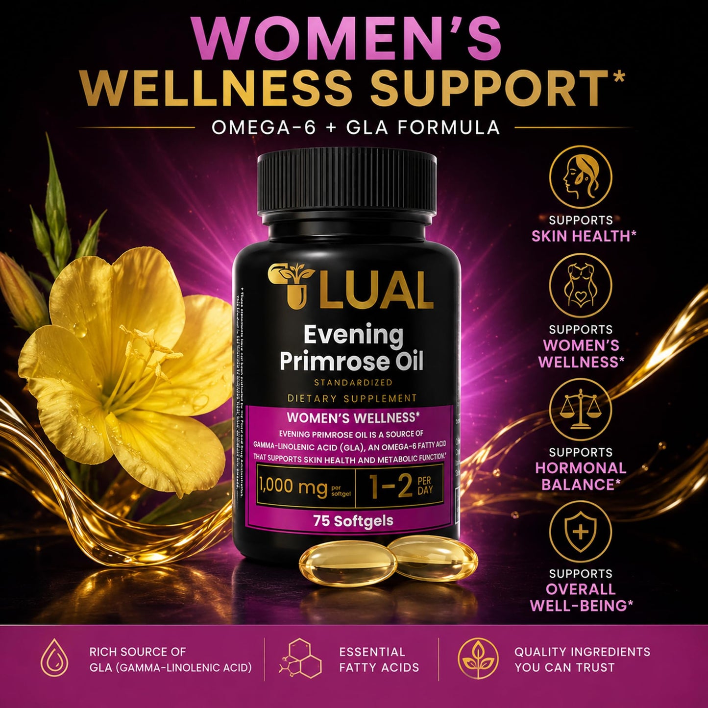 LUAL Evening Primrose Oil 1000mg with GLA Softgels, 75 Softgels
