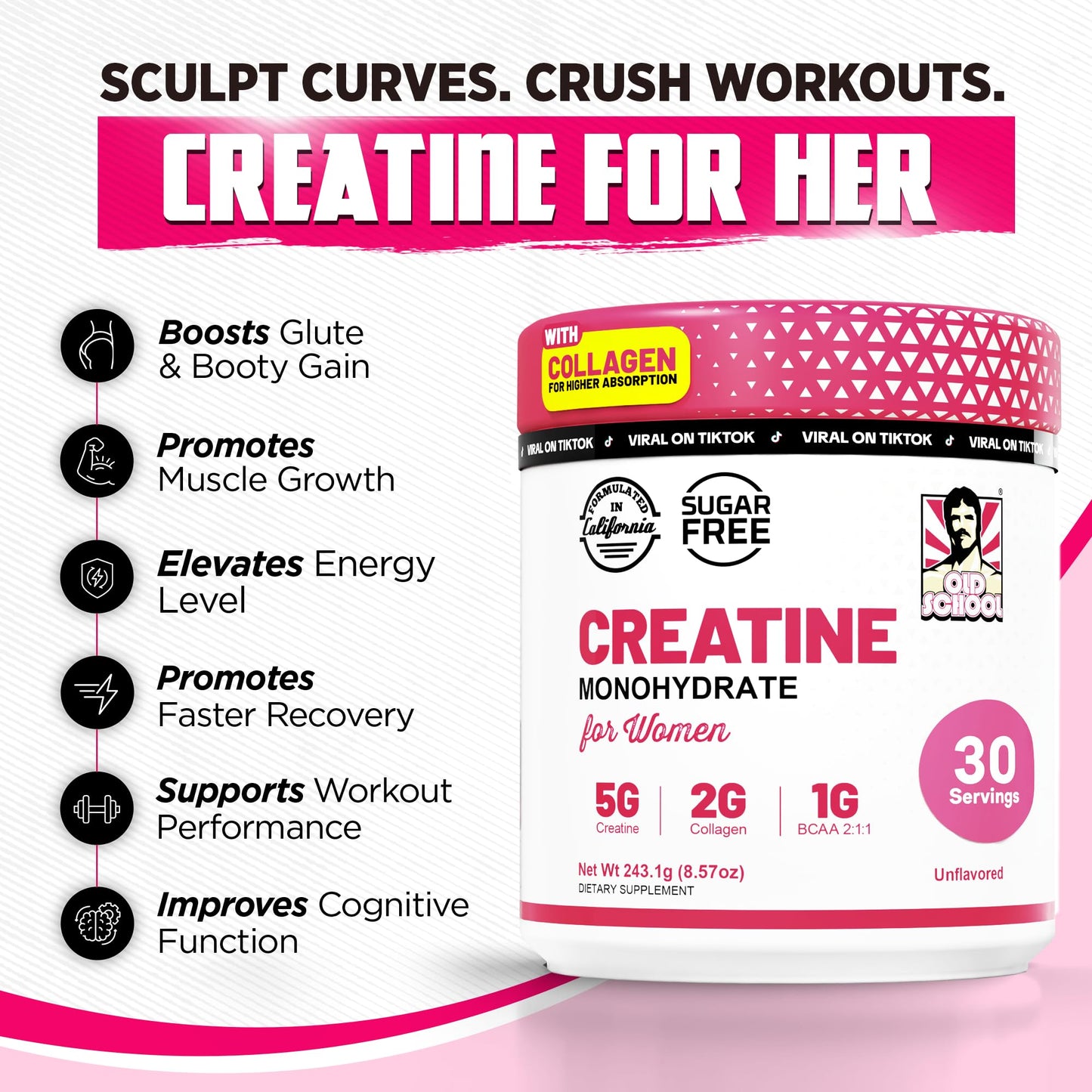 Old School Labs Creatine for Women – Post-Workout Supplement with 5000mg Creatine Monohydrate, 2000mg Collagen & BCAA 2:1:1 for Strength Support & Recovery, Unflavored, Powder, 8.57 Ounce