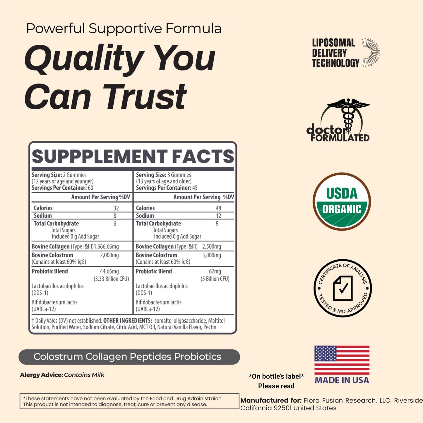 Flora Fusion Research Colostrum Gummies Collagen Peptides Probiotics 5000+ mg w/ 60% IgG Immunity & Gut Health Liposomal Technology U.S. Sourced Grass-Fed Bovine Vanilla Flavor, 120 Gummies