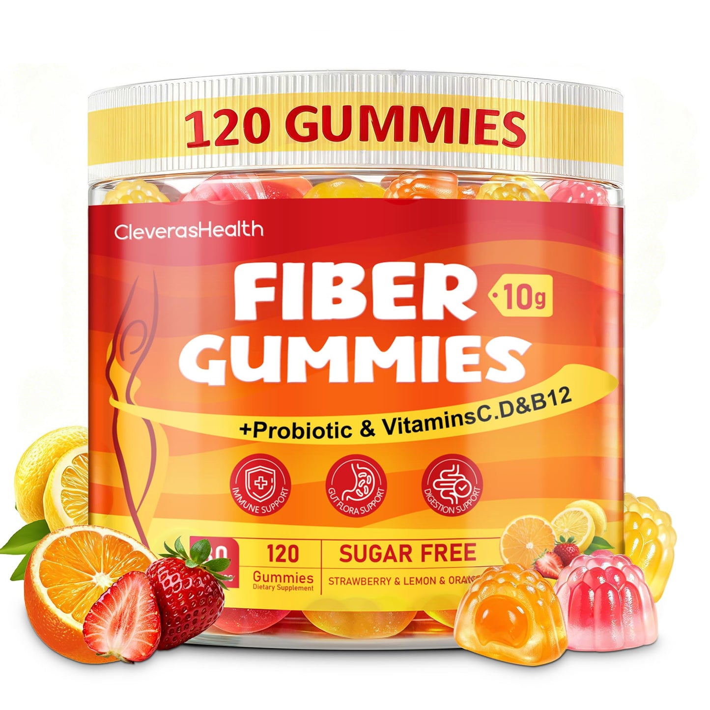 CleverasHealth 10G Fiber for Adults with 30 Billion CFU Probiotics, Vitamins C, D, B12, Electrolytes, Sugar Free, 120 Gummies
