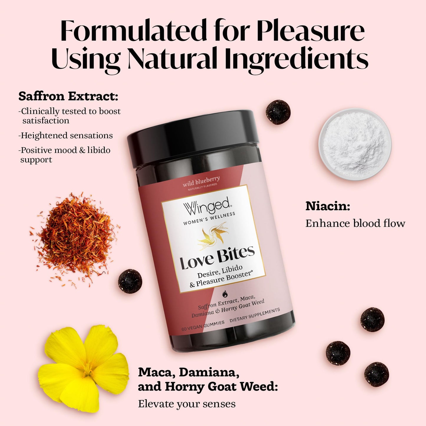Winged Wellness Love Bites Libido Booster for Women with Maca Root - Libido & Pleasure Booster with Horny Goat Weed & Damiana - Natural Aphrodisiac Gummy Supplement - Wild Blueberry, 60 Gummies