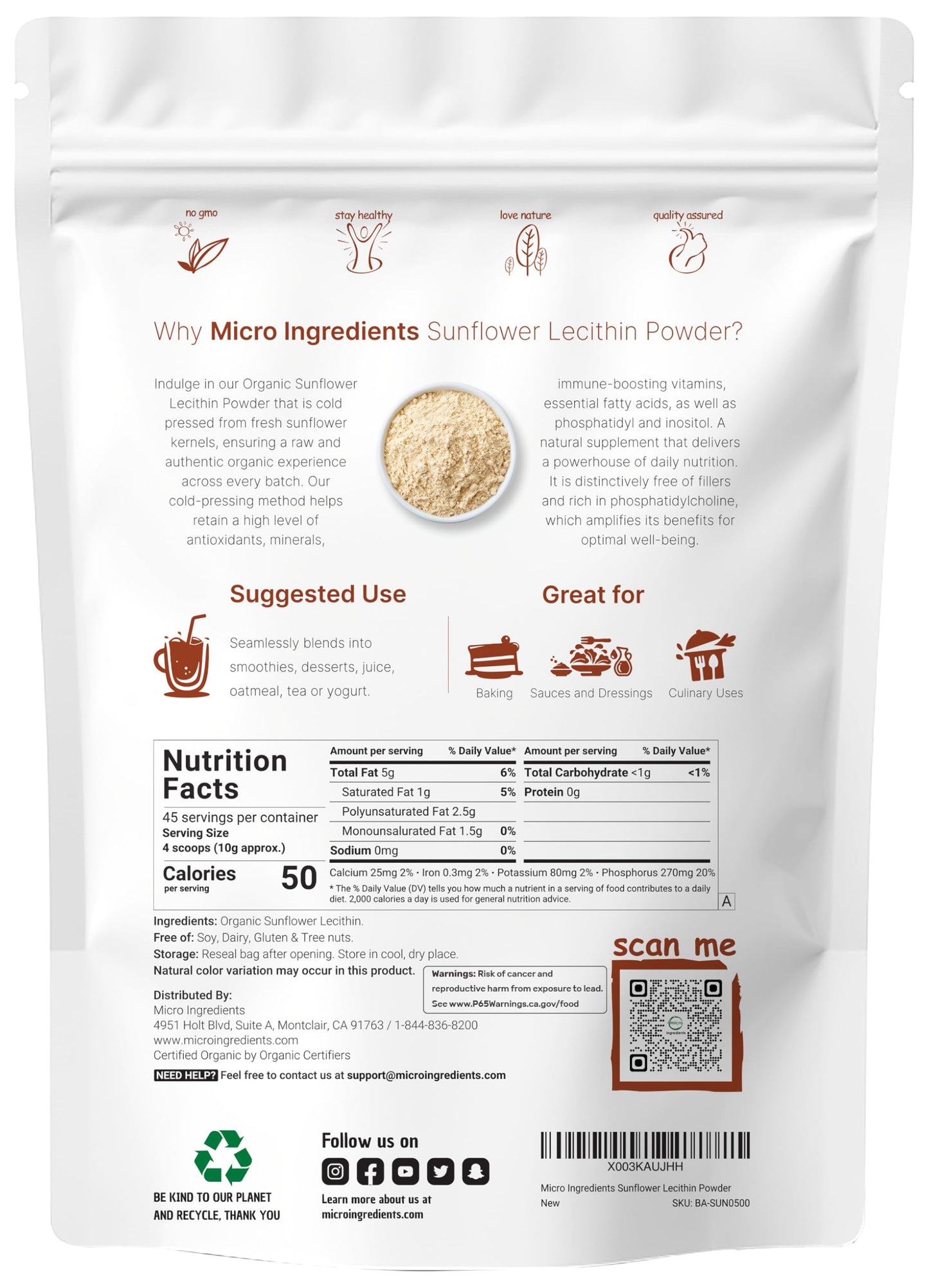 Micro Ingredients Organic Sunflower Lecithin Powder, 16 oz, Non-GMO