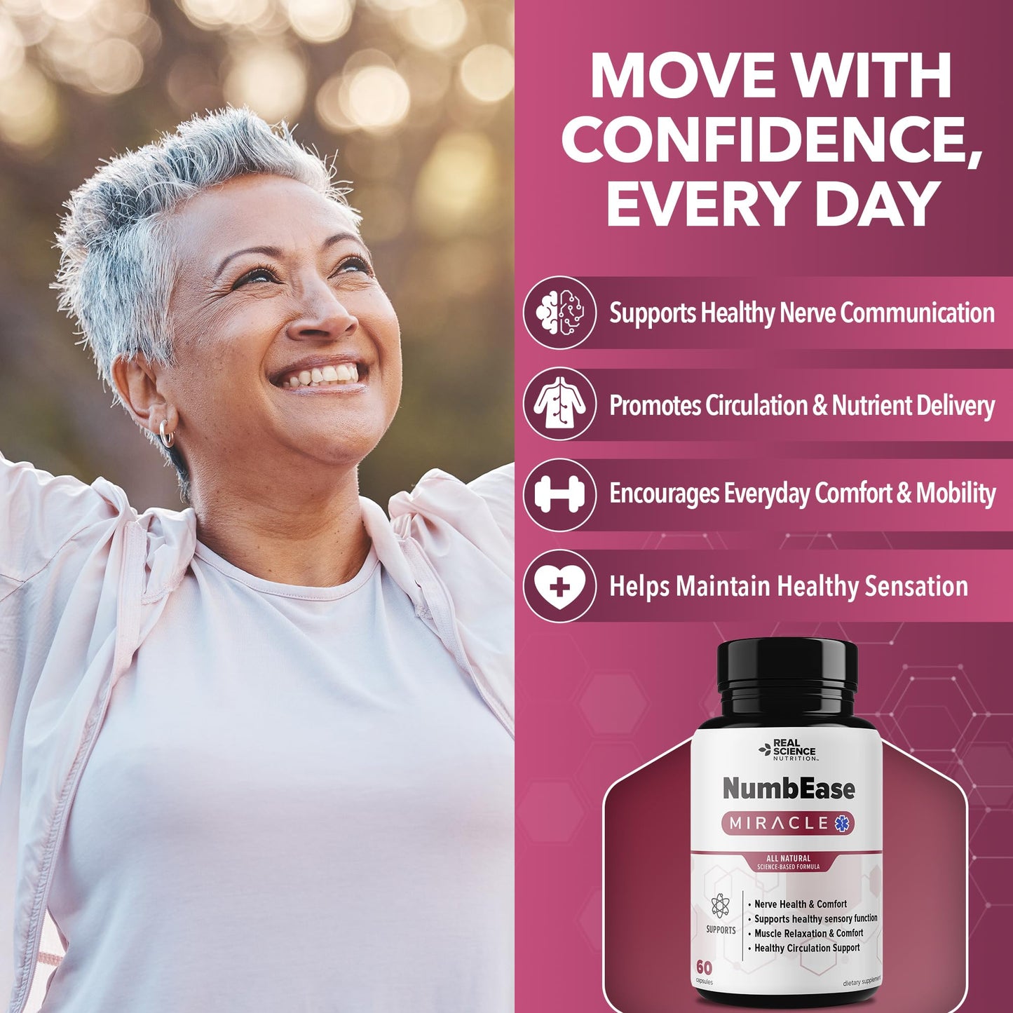 Real Science Nutrition Real Science NumbEase Miracle - All Natural Nitric Oxide & Nerve Support Supplement for Nerve Comfort, Circulation & Healthy Sensation – GABA & Vinitrox Formula for Daily Mobility, Capsules, 60