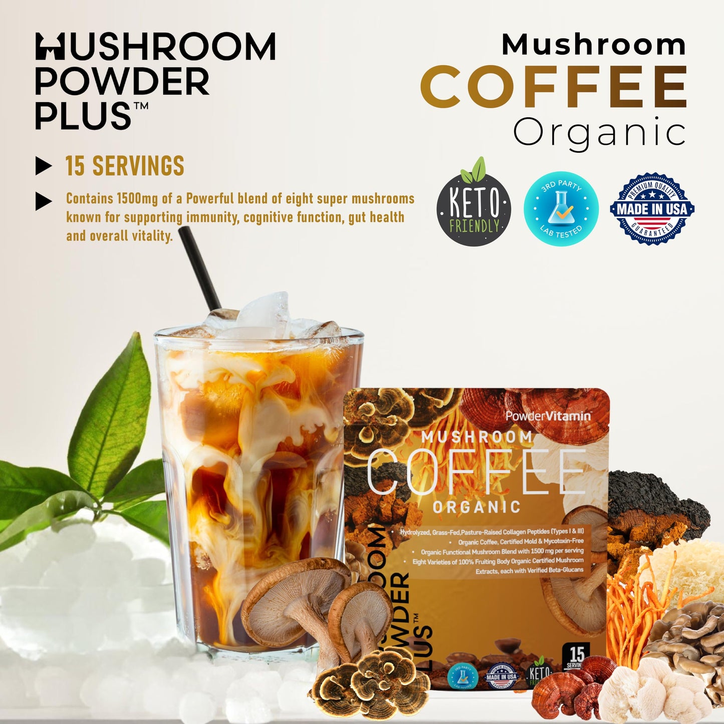 PowderVitamin Organic Mushroom Coffee Powder with Grass-Fed Collagen Types I & III, 8 Fruiting Body Mushrooms, Certified Mold & Mycotoxin Free, Tested for Beta-Glucans, Focus Energy Digestion & Immunity, 4.5 oz
