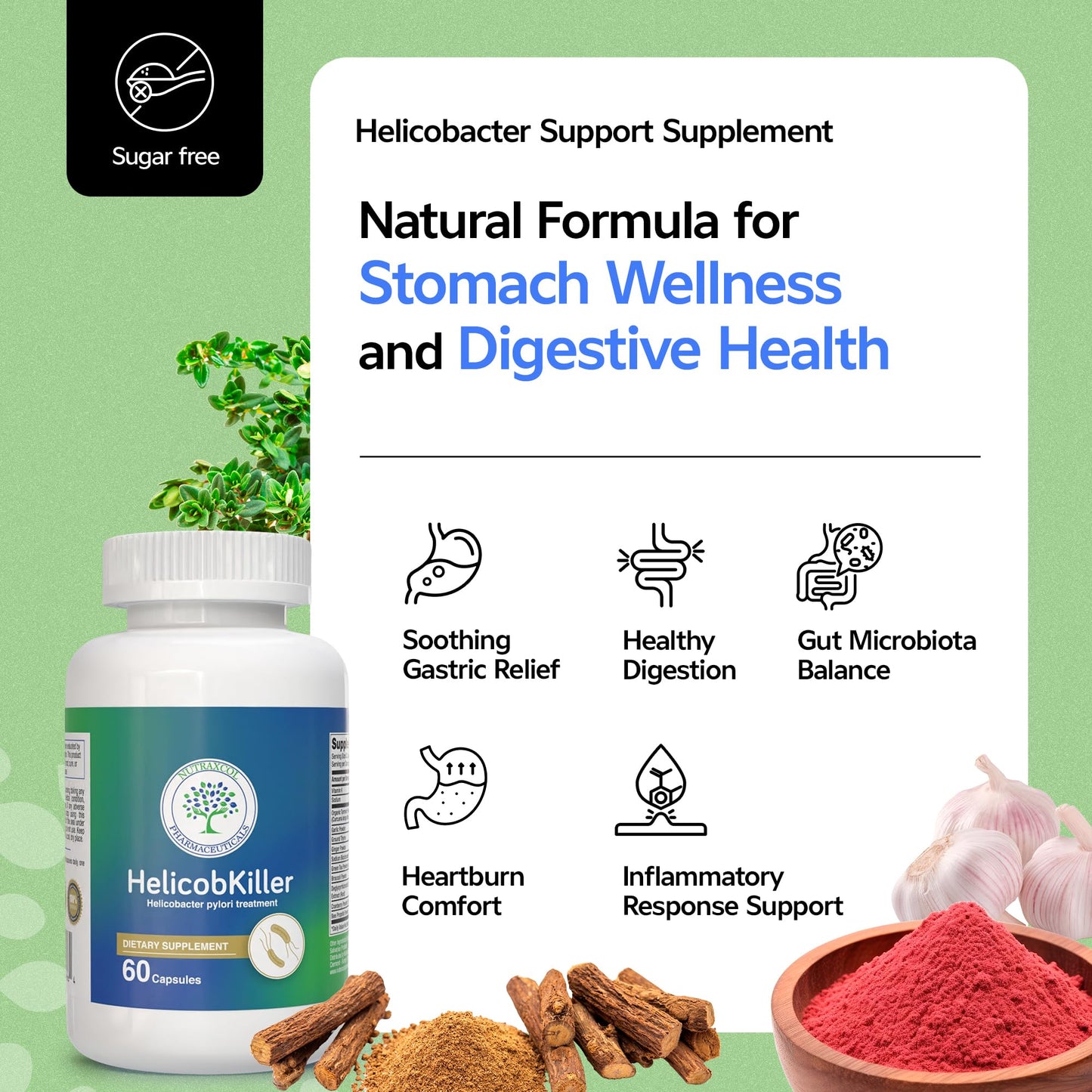 Nutraxcol Pharmaceuticals HELICOBKILLER Natural Digestive Support Supplement, 60 Capsules