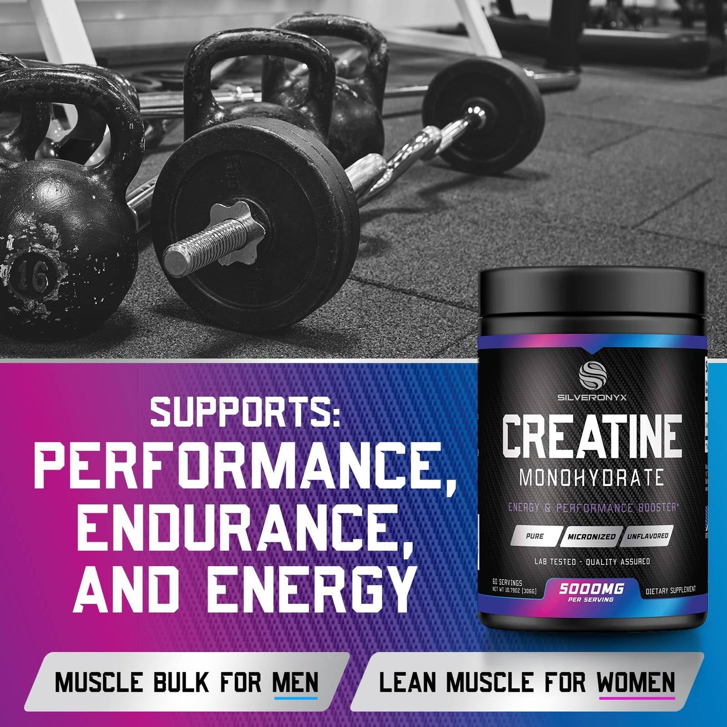 SILVERONYX Creatine Monohydrate Powder 5000mg Per Serving, 60 Servings