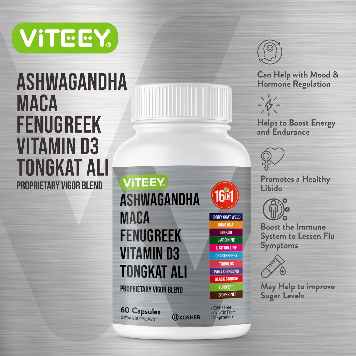 Viteey Ashwagandha Maca Fenugreek Supplement with Tongkat Ali – Drive, Passion & Energy Support for Men & Women – Mood, Calm & Stress Support, 60 Capsules