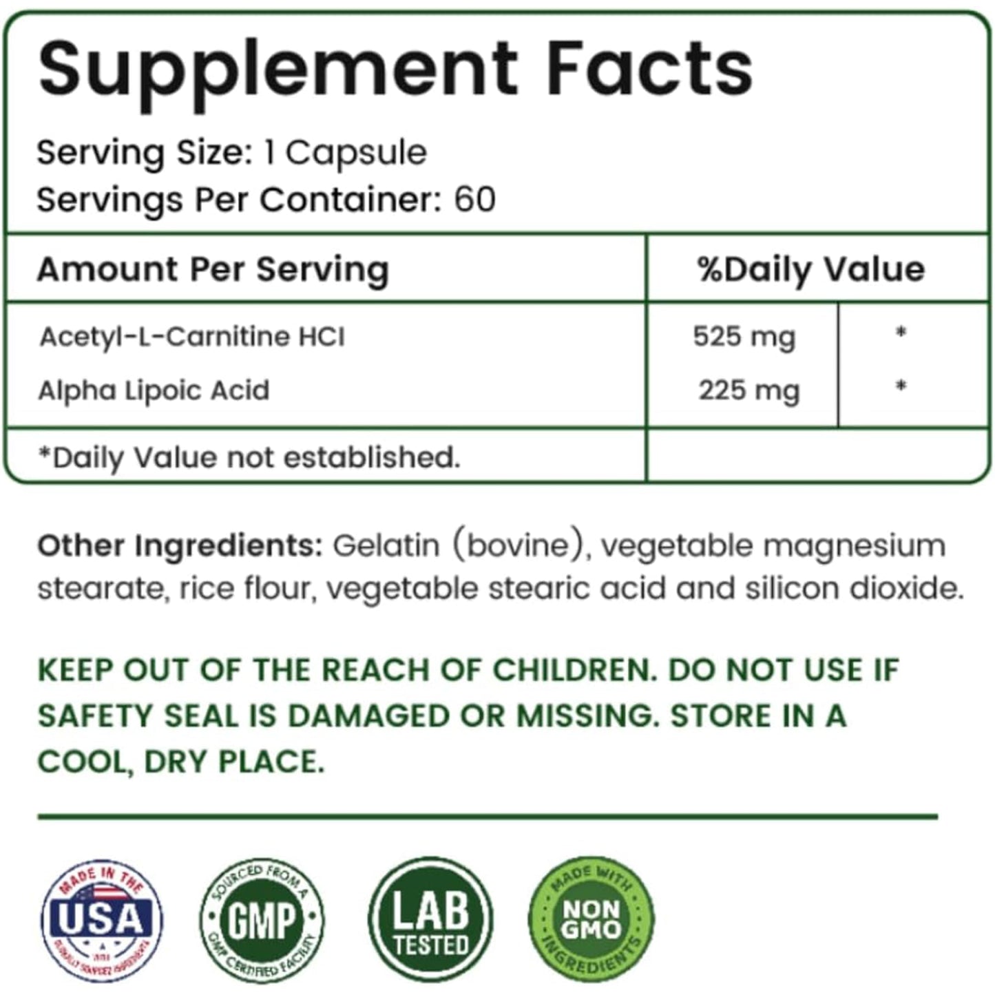 AAMATEC LIFE ALA/ALC High Potency Formula Alpha Lipoic Acid and Acetyl-L-Carnitine HCl Capsules, 60 Count