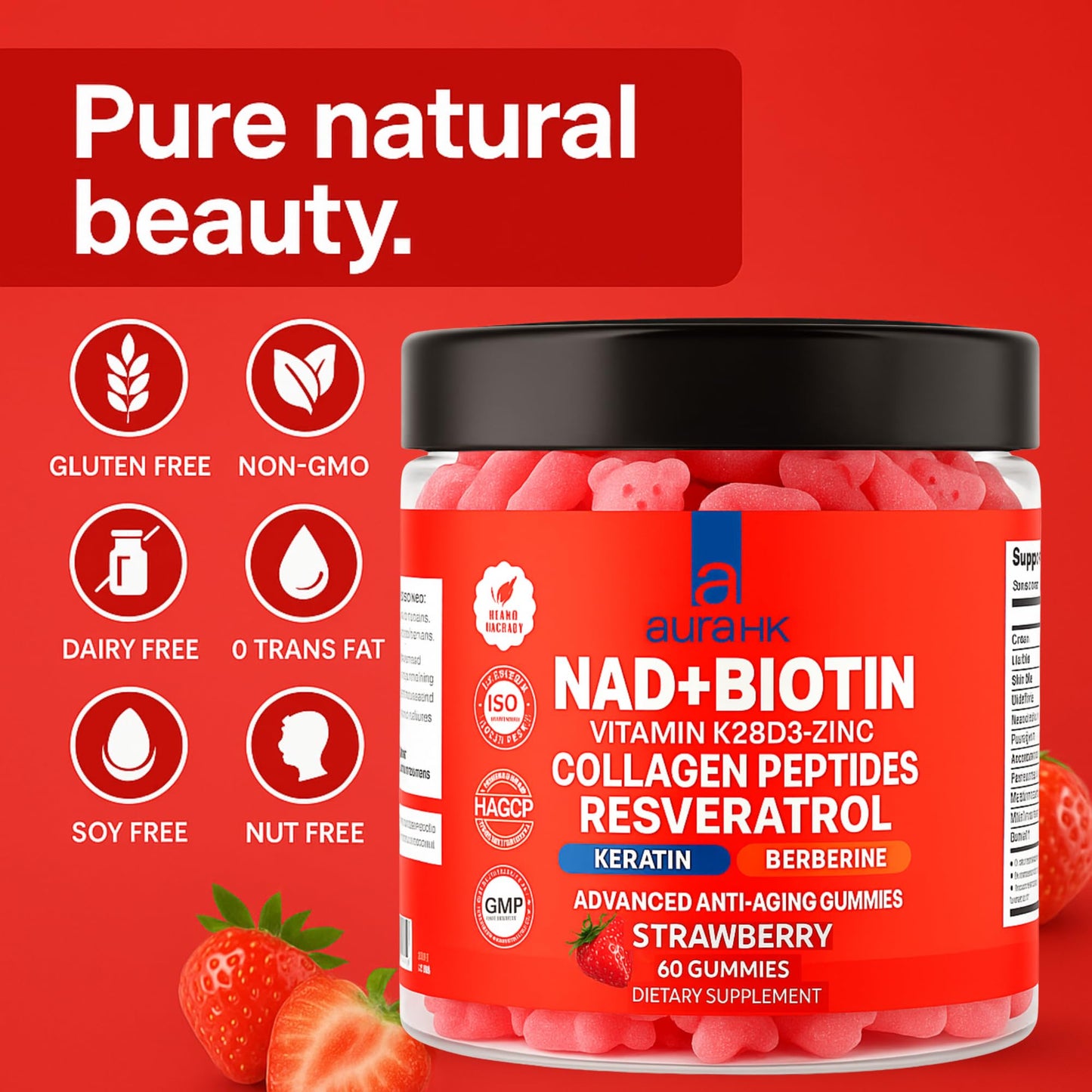 Aura HK NAD+Biotin, Resveratrol, Berberine & Anti-Aging Gummies, 120