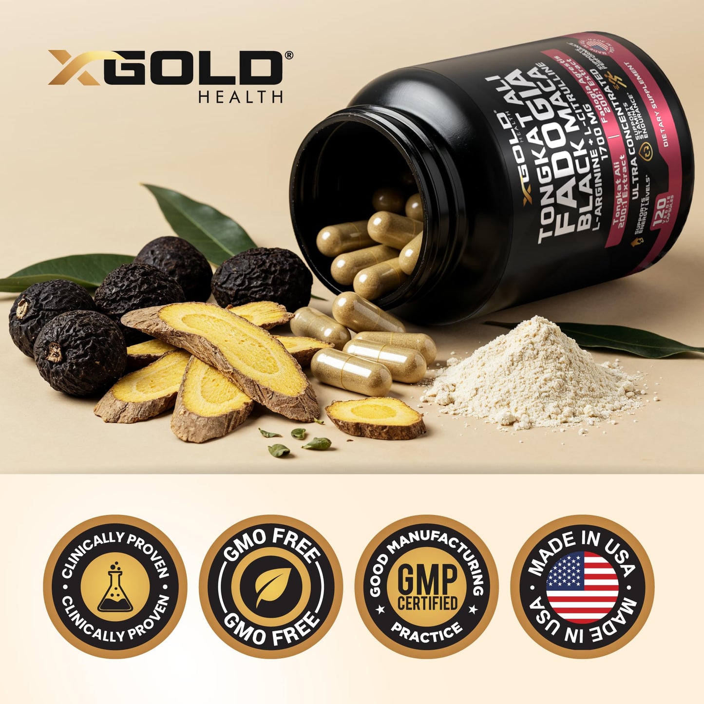 X Gold Health Tongkat Ali 200:1 + Fadogia Agrestis 10:1, 1700mg Performance Complex, Black Maca 10:1, L-Citrulline, L-Arginine, Energy, Stamina & Men's Vitality, Non-GMO, 120 Capsules