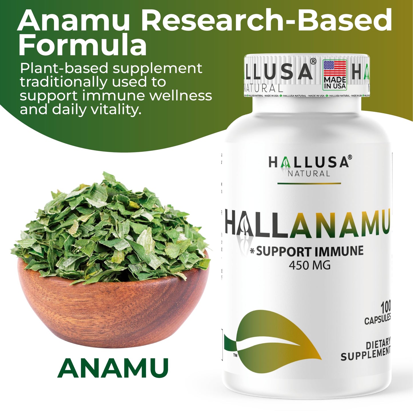 Hallusa Natural Anamu Root 450 mg Petiveria Allicea Organic, 100 Capsules