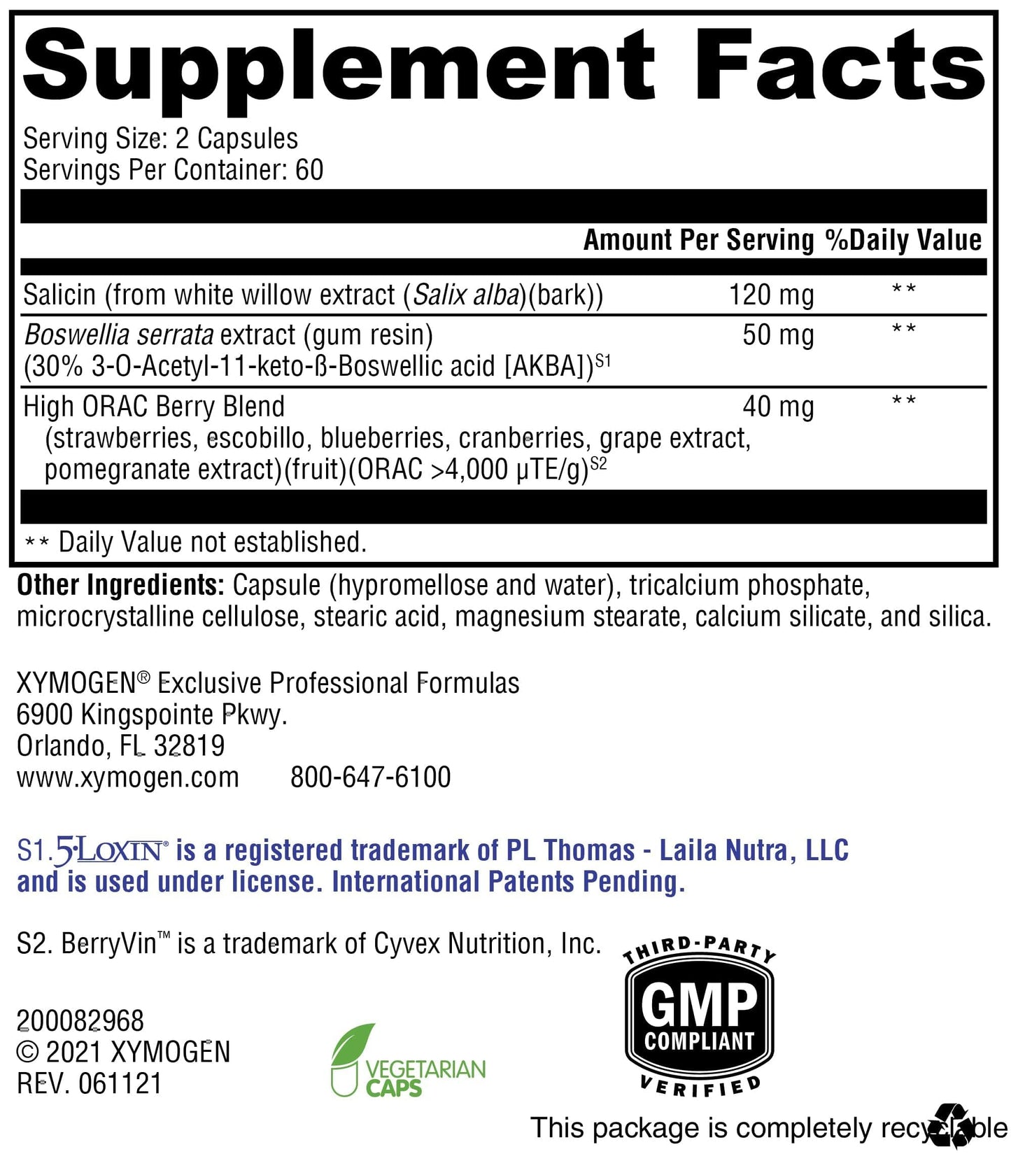 XYMOGEN Saloxicin Antioxidant Support Supplement Grape Seed Extract, Pomegranate Fruit & Cranberry Supplement White Willow Bark & Boswellia Extract 120 Capsules