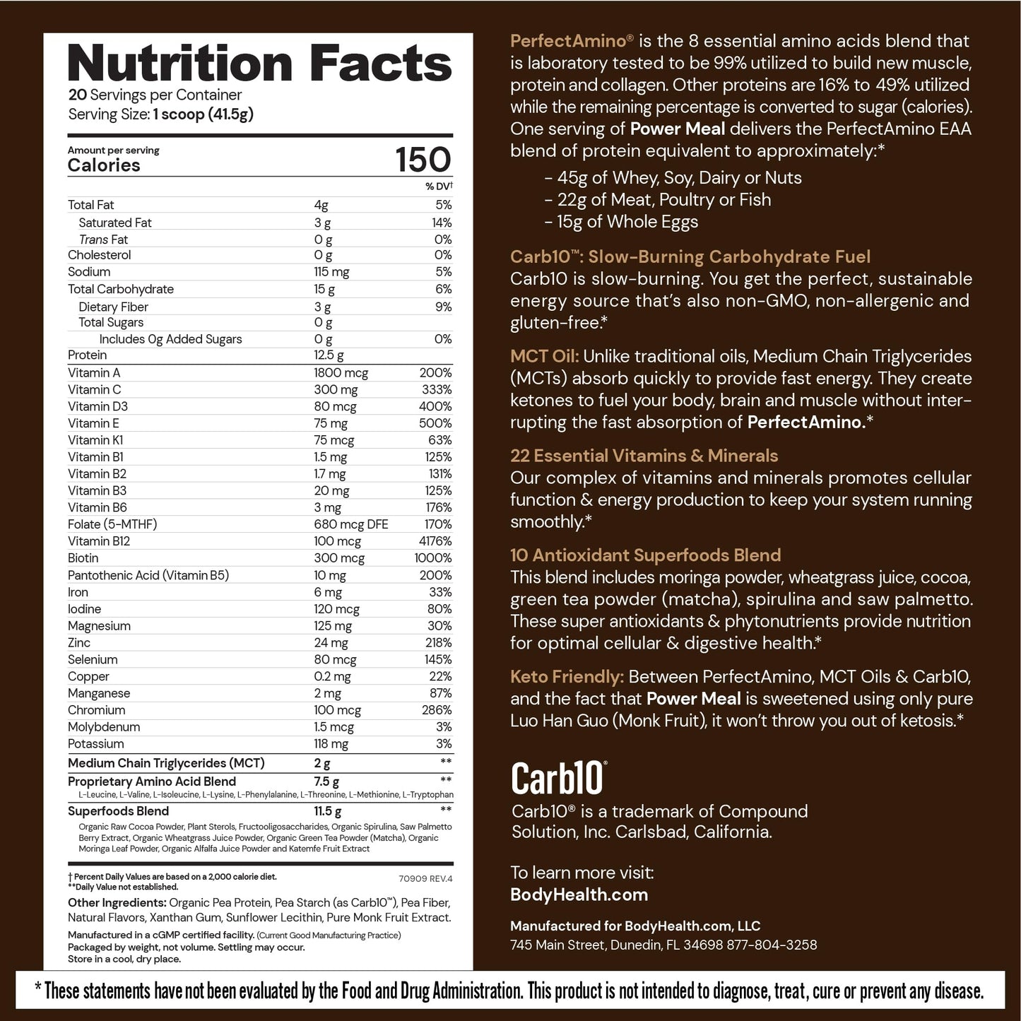 BodyHealth PerfectAmino Power Meal Shake Powder Dark Chocolate with MCT Oil, 34.15 oz