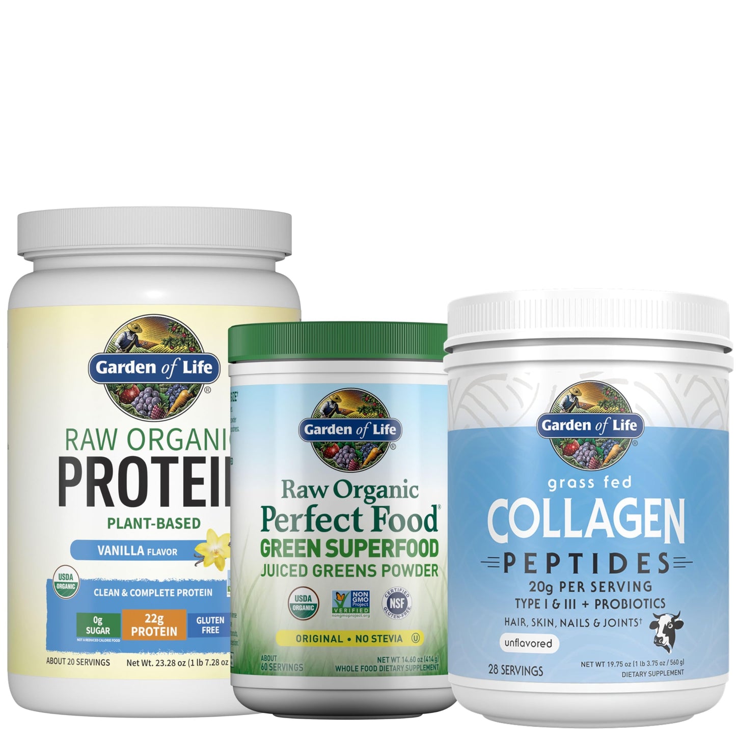 Garden of Life Holistic Wellness Bundle – Perfect Food Powder, Grass Fed Collagen Peptides Powder, Vegan Vanilla Protein with BCAAs & Probiotics Powder, 49.1