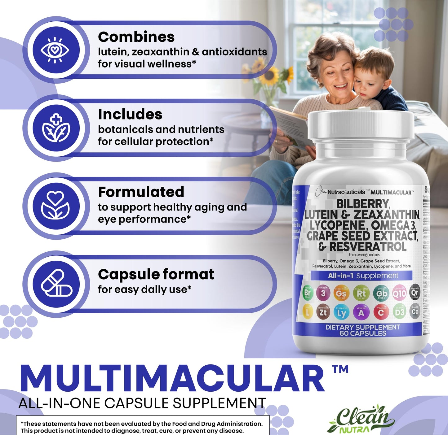 Clean Nutraceuticals Eye Vitamins with Bilberry, Lutein & Zeaxanthin, Lycopene 40mg, Resveratrol, Grape Seed, Astaxanthin - Eye Care Health Support, 60 Capsules