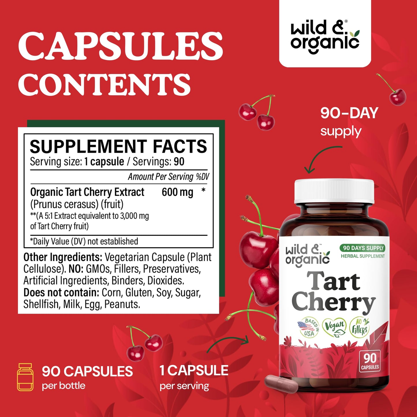 Wild & Organic Tart Cherry 600 mg Capsules, 90 Count