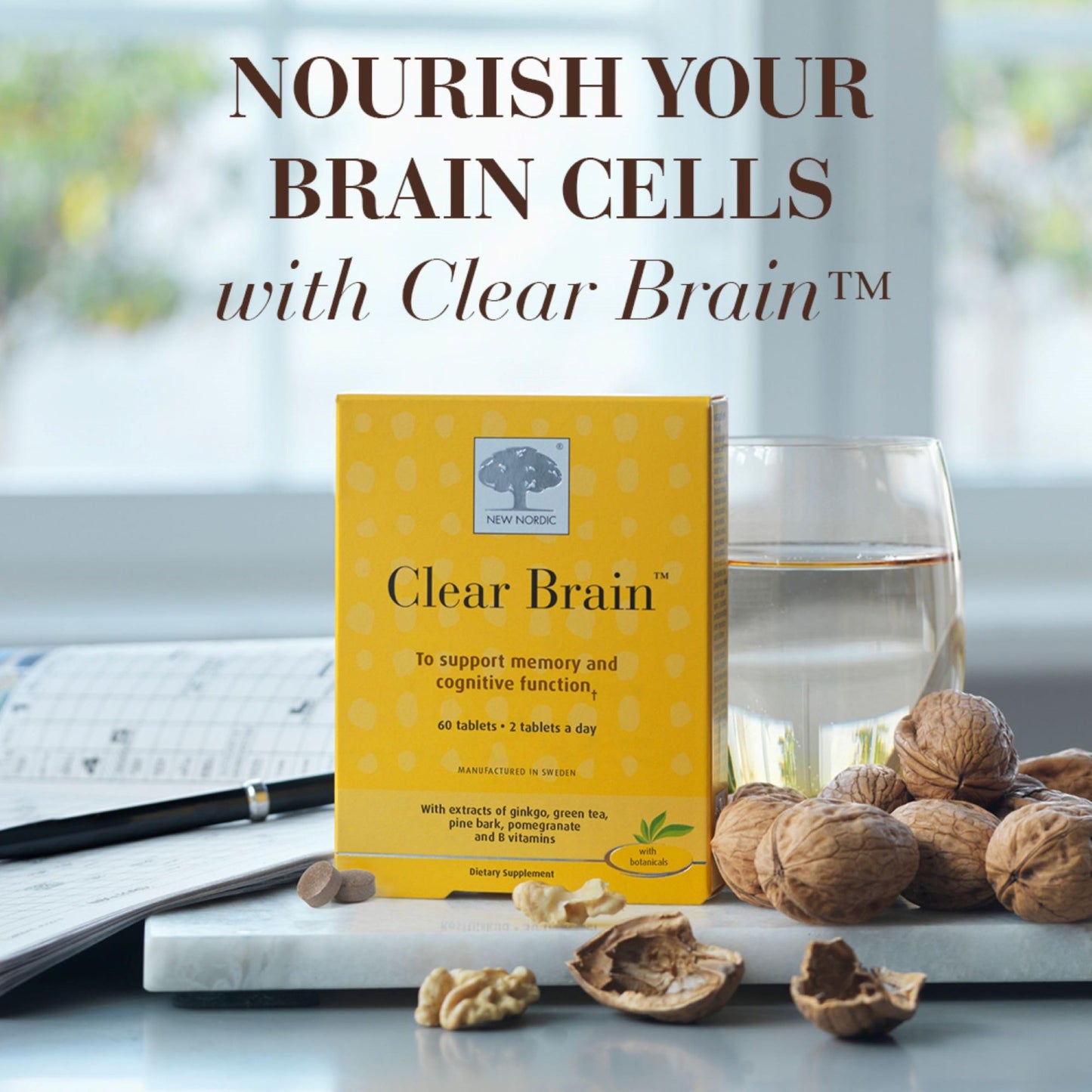 New Nordic Clear Brain Tablets, Supports Normal Cognitive Health and Memory with Green Tea and Walnut, 60 Tablets