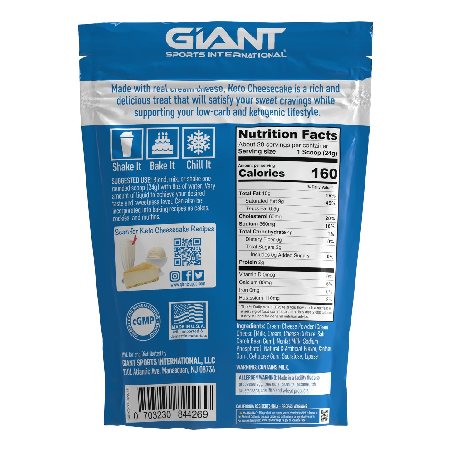 Giant Sports International Keto Cheesecake Shake Mix Powder 16.64 Ounce