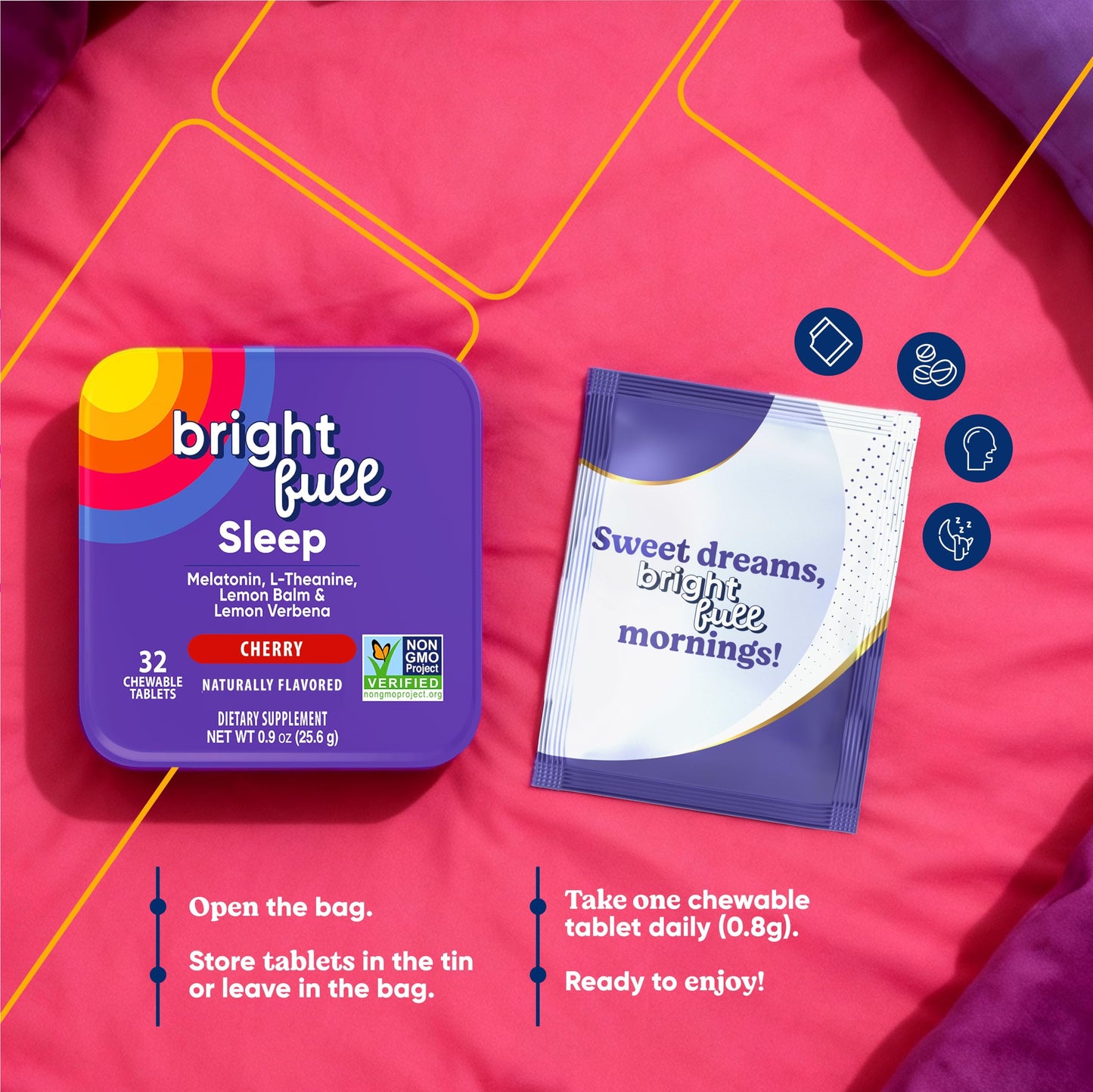 BRIGHTFULL Sleep Chewable Tablets with Melatonin, Ashwagandha, L-Theanine & Lemon Balm, Cherry Flavor, 32 Count
