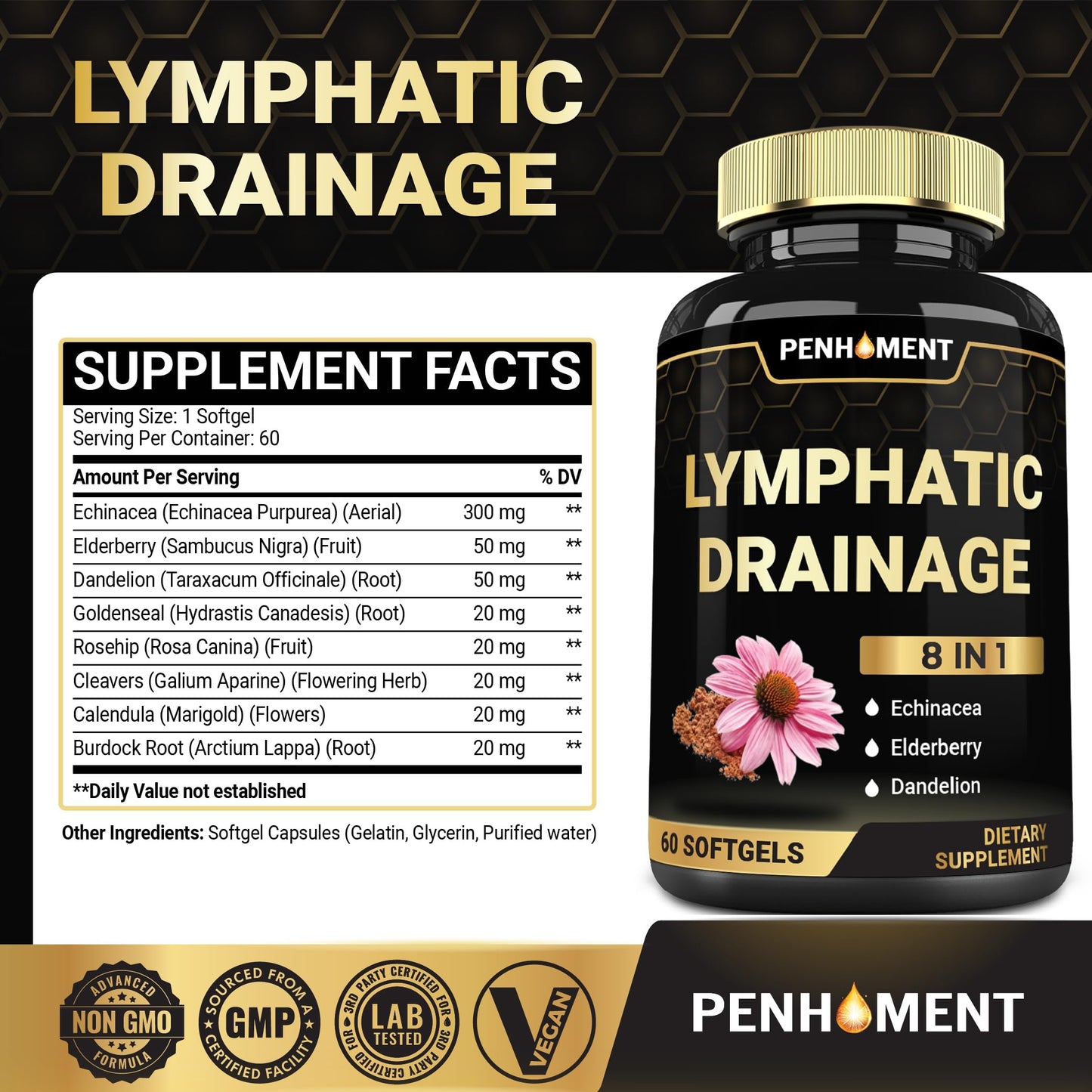 Penhoment 500 mg Lymphatic Drainage Softgels, 60 Count