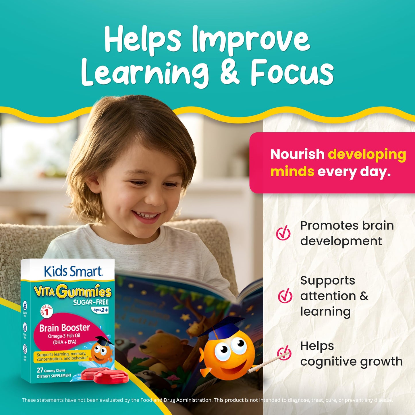 KIDS SMART Brain Booster Omega-3 DHA EPA Gummies Chewable 27 Count