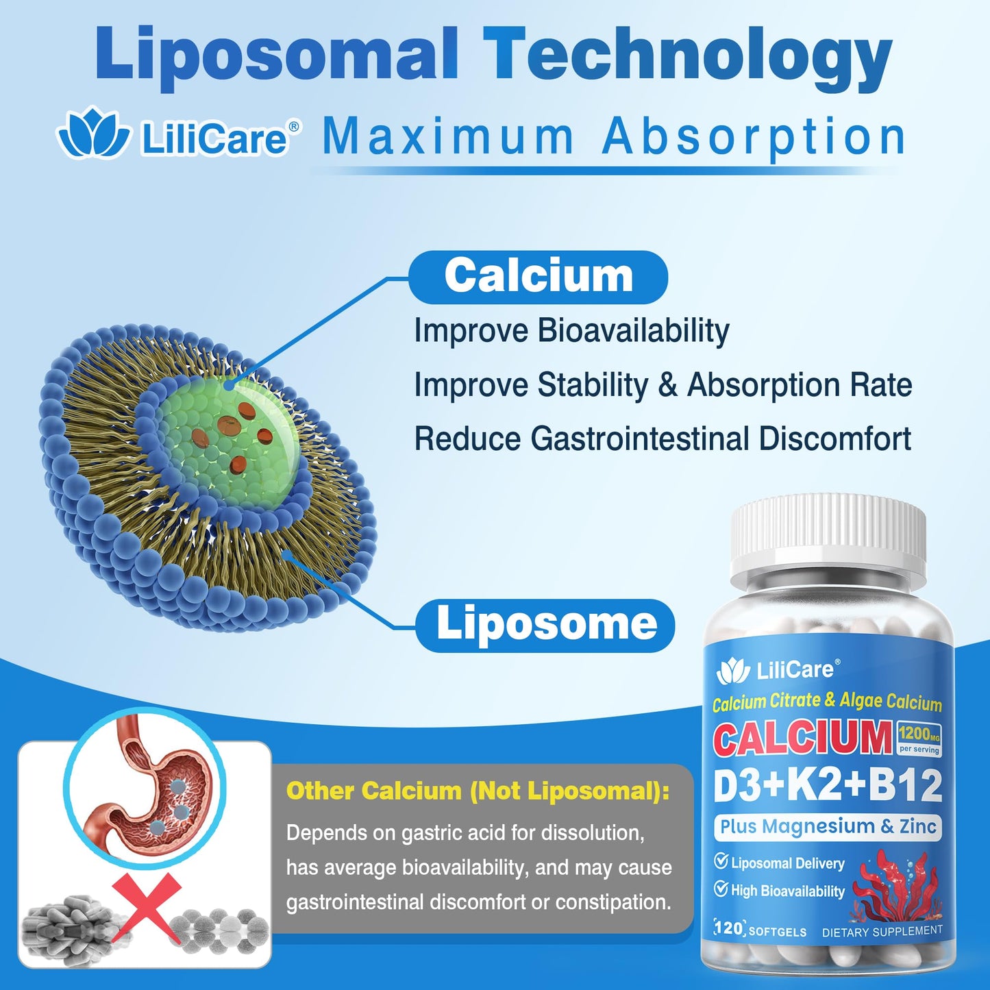 LILICARE Calcium 1200 mg with Vitamin D3 K2 Softgels, 120 Count