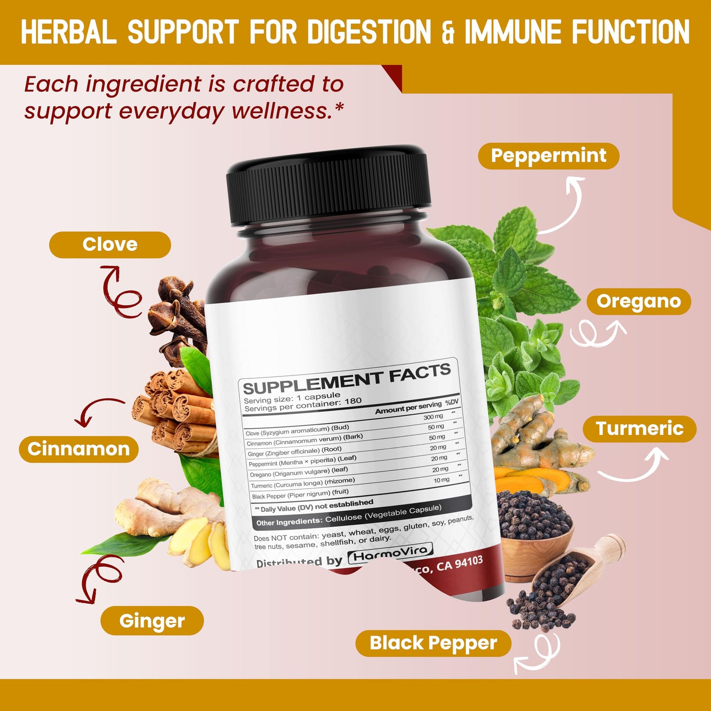 HarmoVira Liposomal Cloves Supplement with Cinnamon, Ginger, Turmeric, Oregano & Black Pepper Capsules, 180
