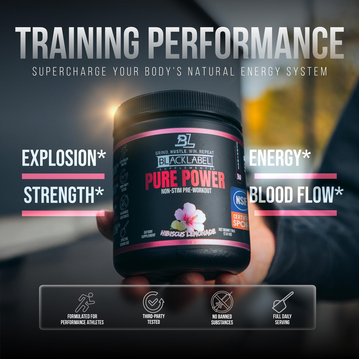 BLACKLABEL Supplements Pure Power NSF Certified for Sport Pre-Workout Hibiscus Lemonade Powder 7.65 Ounce