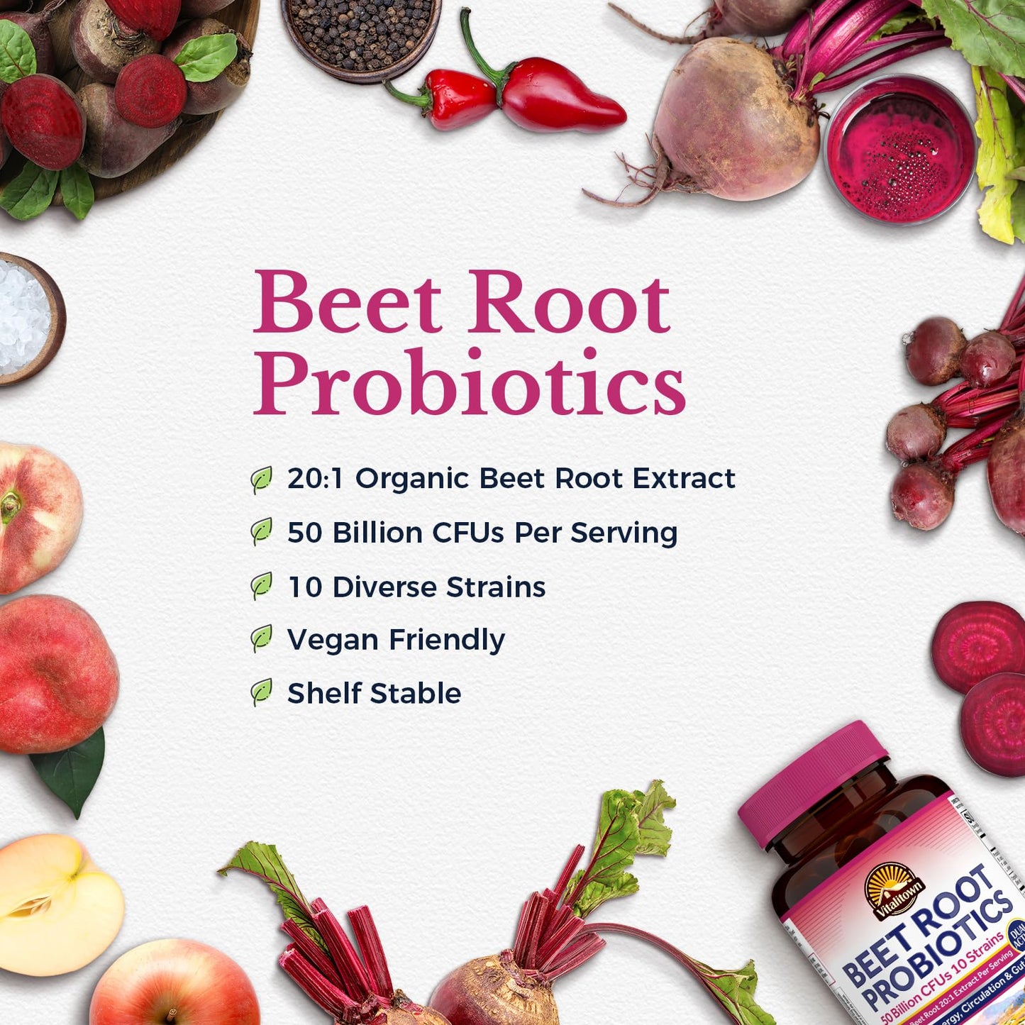 Vitalitown Organic Beet Root Capsules with Probiotics, 200 mg Organic Beet Root, 50 Billion CFU, 10 Strains, Energy, Heart Health, Circulation, Digestion, 60 Capsules