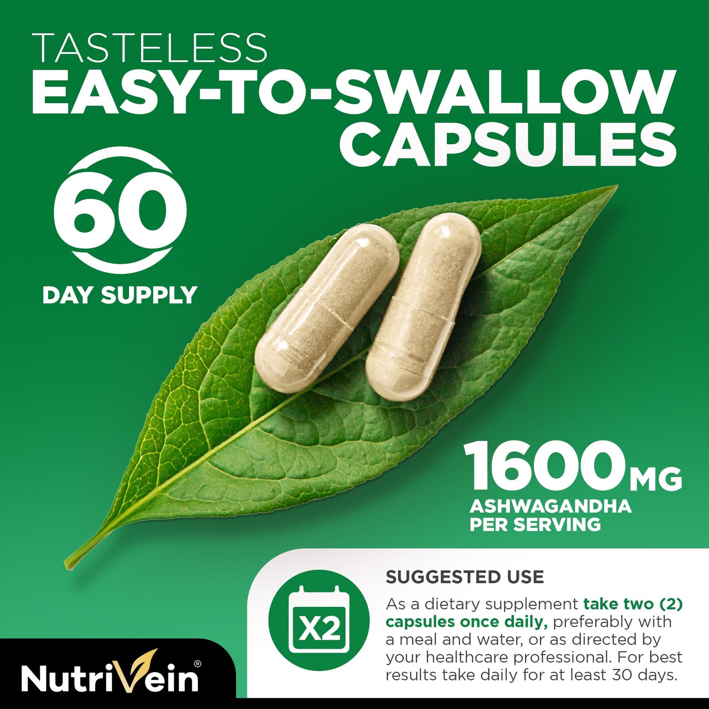 Nutrivein Ashwagandha Root 1600 mg with Black Pepper, 120 Capsules