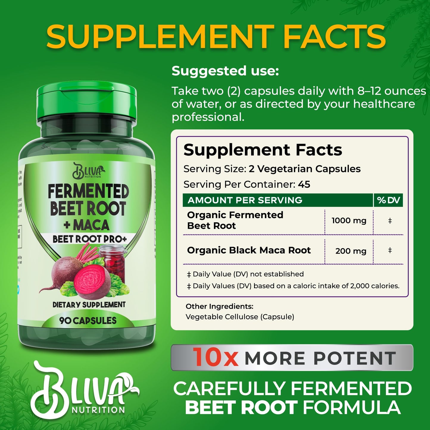 BLIVA NUTRITION Organic Fermented Beet Root with Maca Capsules 1200mg, 90 Capsules