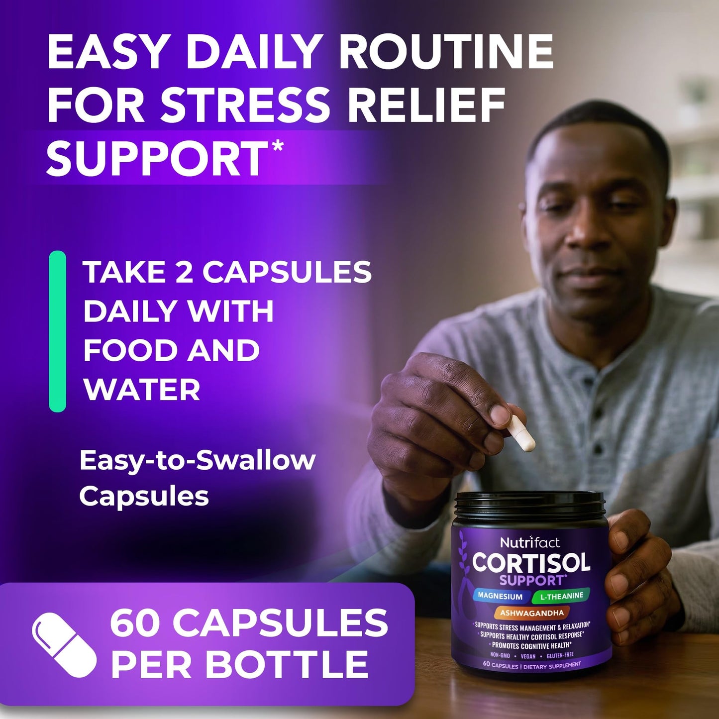 NutriFact Cortisol Supplements for Women & Men – Cortisol Reducer with Ashwagandha, Magnesium, L-Theanine & Vitamin B Complex – Stress Relief, 60 Capsules