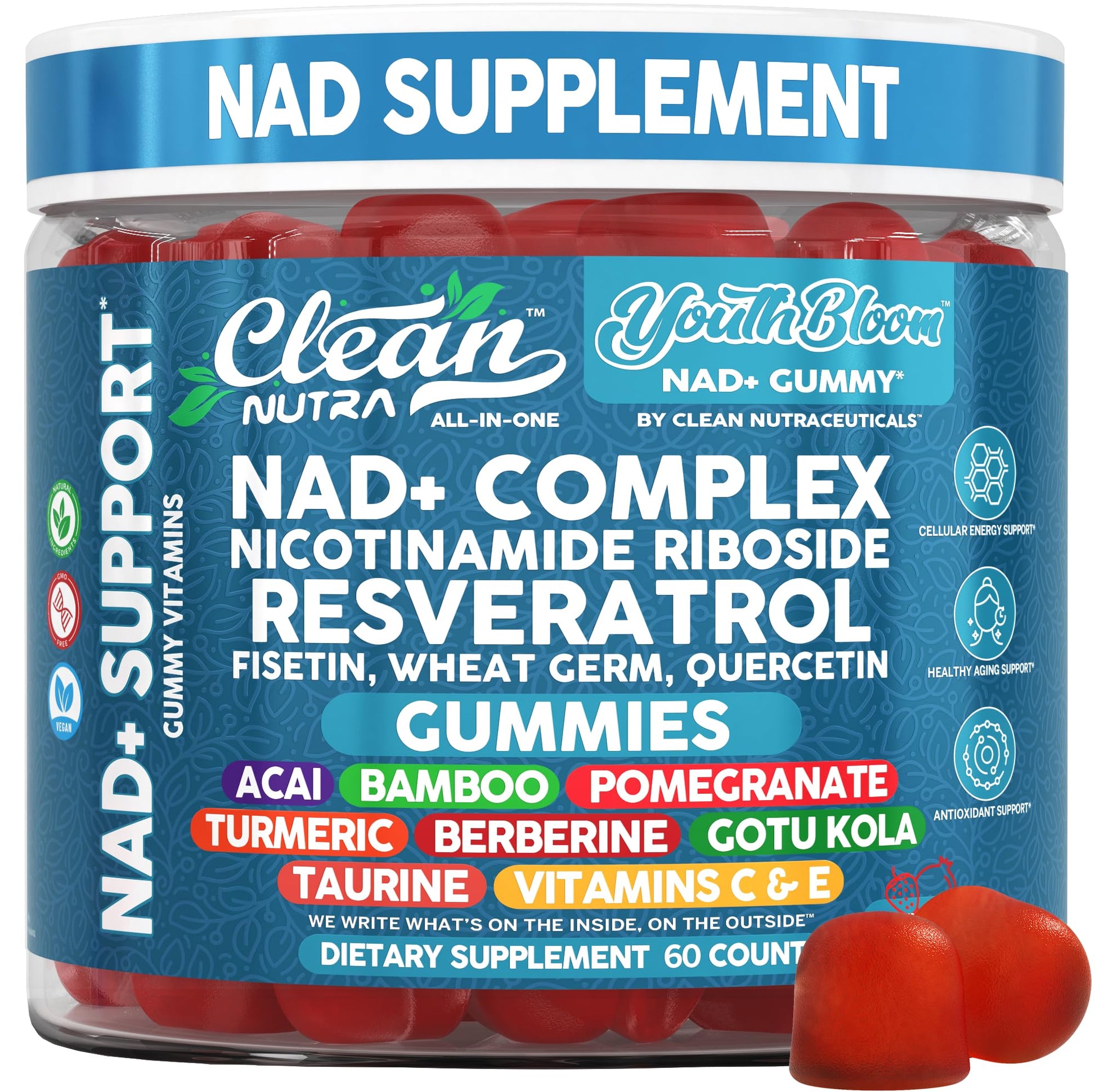 Clean Nutraceuticals Youth Bloom NAD+ Supplement Gummies, 60 Count