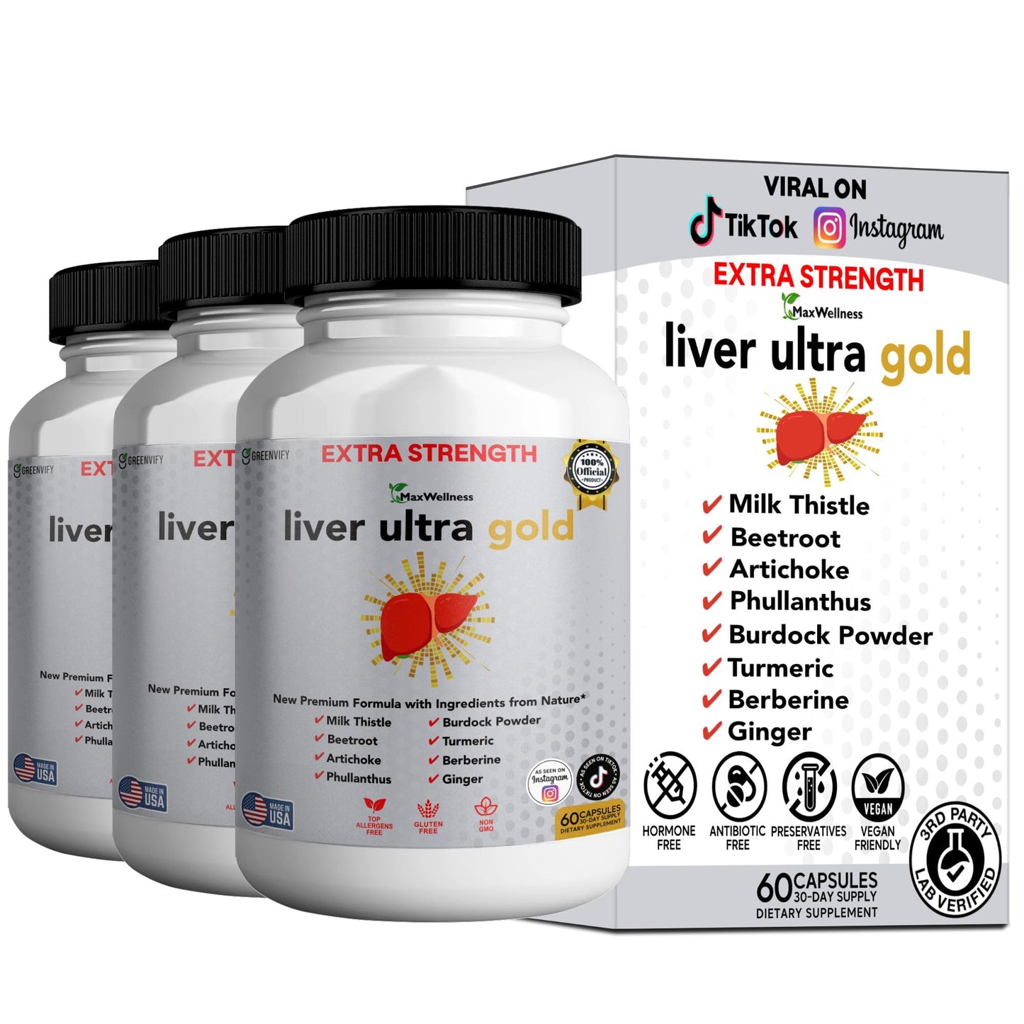 GREENVIFY Liver Ultra Gold Extra Strength Supplement Capsules 180 Count