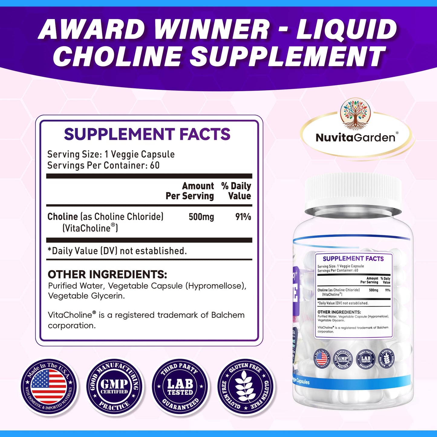 NuvitaGarden Choline 500 mg Capsules, 60 Count, Vegan, Brain Health, Mood Support, Muscle & Liver Support