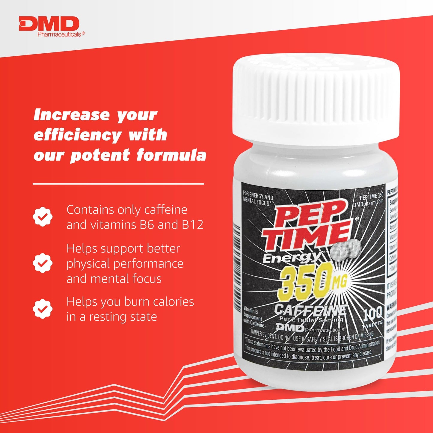 PEPTIME Energy Vitamin B6 and B12 Caffeine Tablets, 100 Count